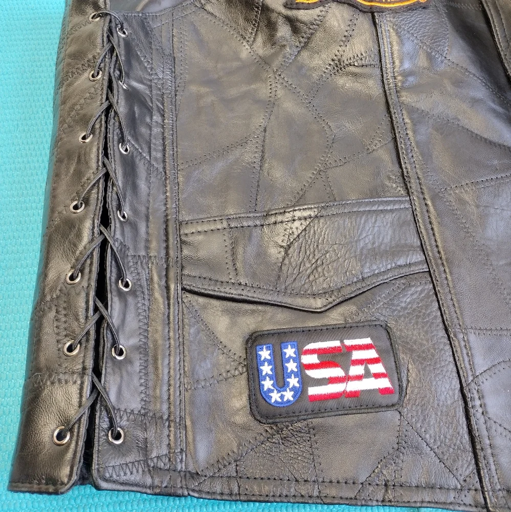 Diamond Plate Buffalo Mens Leather Vest Embroidered Patches 2X New